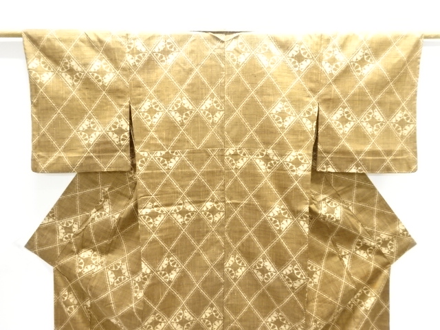  斜め格子に花模様織り出し手織り紬単衣着物